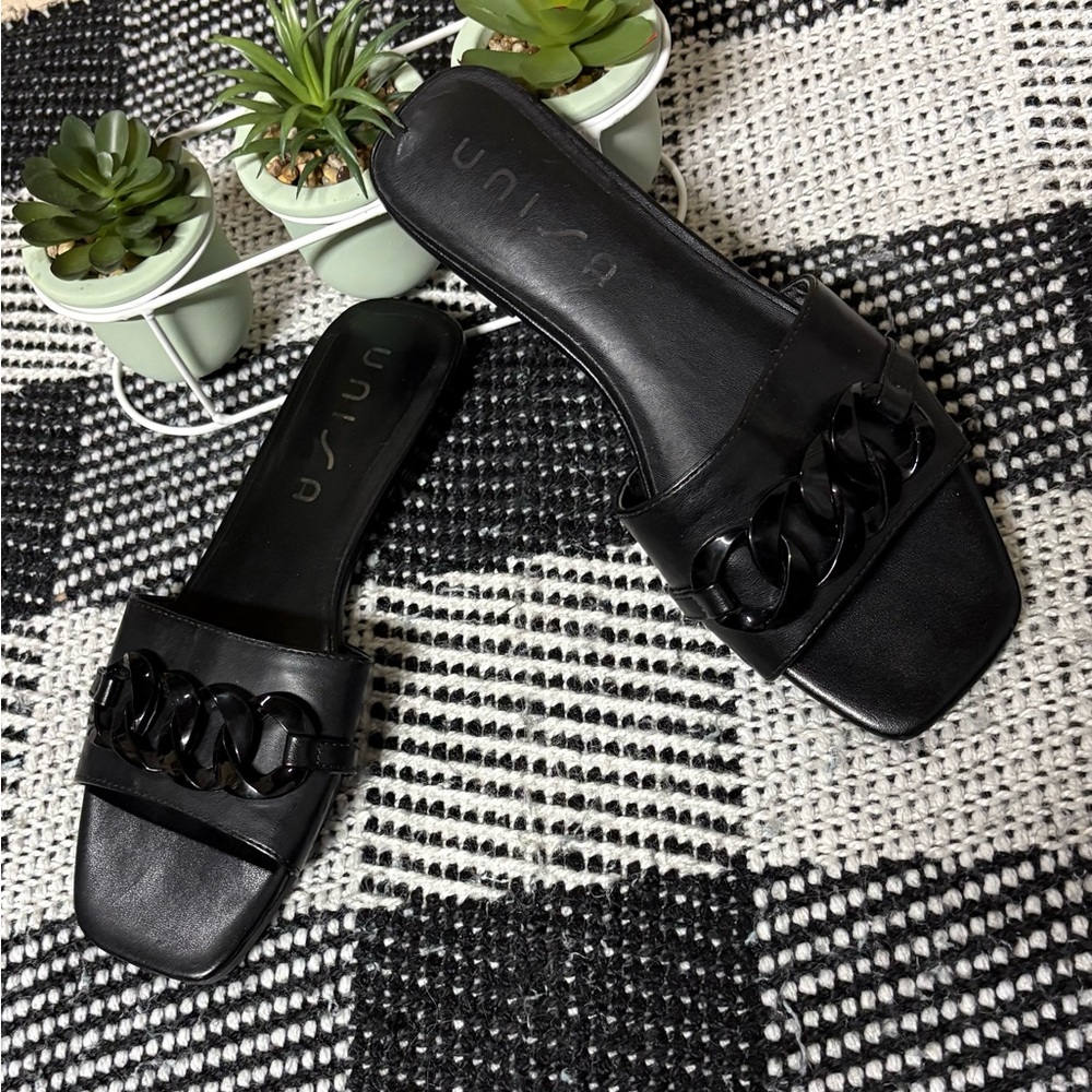 Unisa Black Slide Mules with Chain Accent